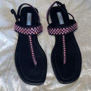 Prada leather thong sandals with pink crystals